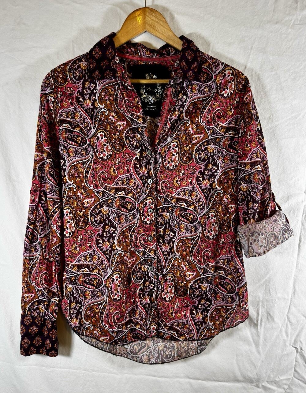 CINO Women’s Contrast Collar Cotton Paisley Shirt Multi Color XS Boho Roll Tab